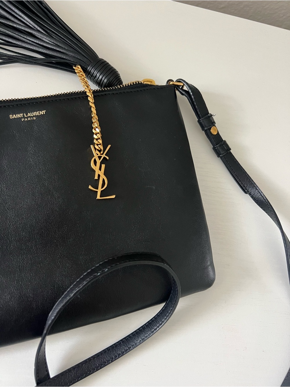 Saint Laurent Black Leather Crossbody with Tassel and Gold Logo - Picture 6 of 16